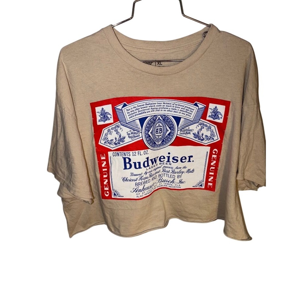 Brew City Budweiser Graphic Crop Top Tan Beige Short Sleeve T-Shirt Womens XL